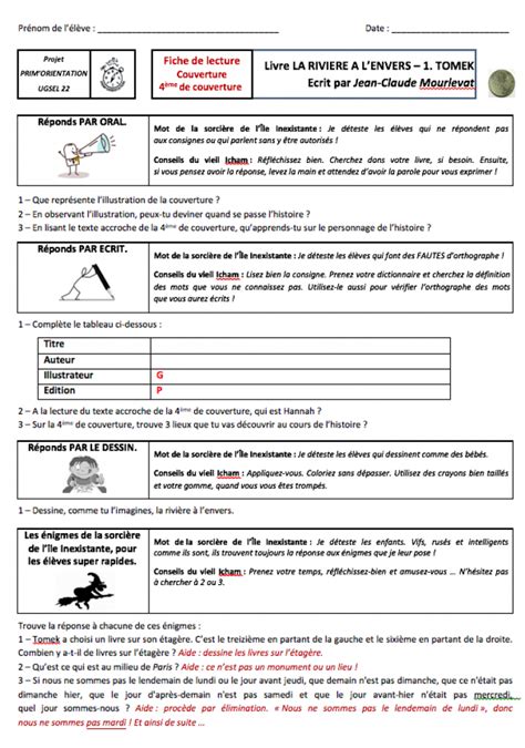 Questionnaire De Lecture Sur La Rivi Re L Envers Tomek Tome De