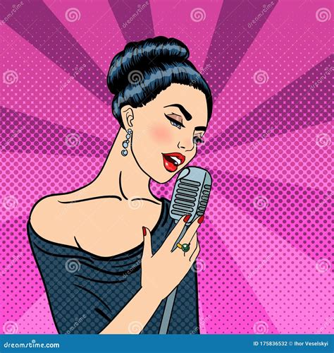 Singing Woman Beautiful Young Woman With Microphone Pop Art Vector