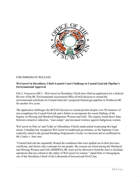 Wetsuweten Hereditary Chiefs Launch Court Challenge To Coastal