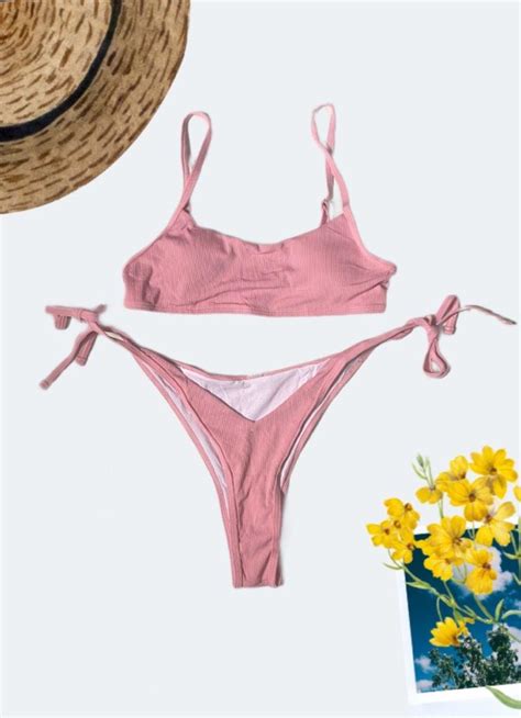Shein Pink Two Piece Bikini Ribbed Tie Side Thong Bikini Swimsuit