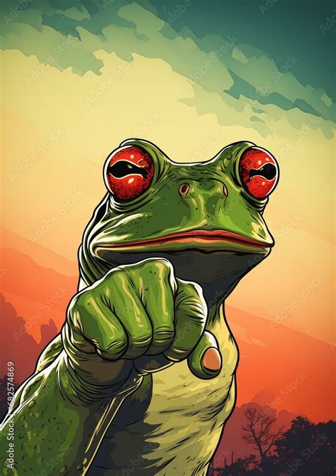 Cartoon Frog Red Eyes Pointing Professional Badass Pose Closeup Fist