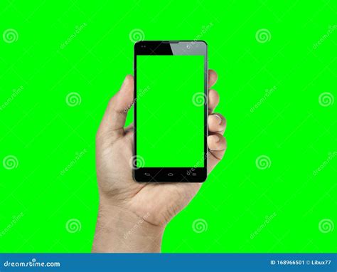 Closeup Hand Holding And Showing Smartphone Or Mobile With Green Screen