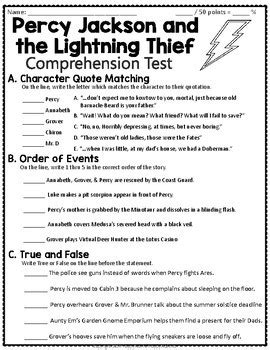 Percy Jackson Lightning Thief Test Final Book Quiz With Answer Key