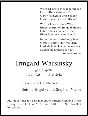 Alle Traueranzeigen für Irmgard Warsinsky trauer rp online de