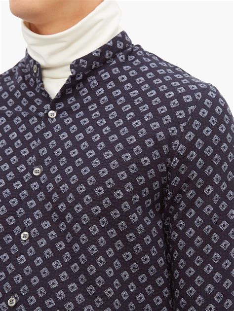 Giorgio Armani Geometric Print Cotton Herringbone Shirt In Navy White