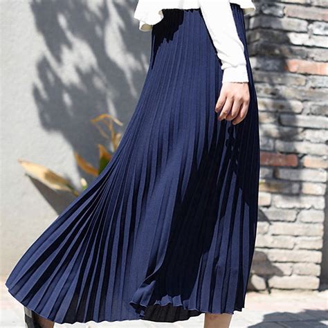 Maxi Skirt Womens Solid Pleated Elegant Midi Elastic Waist Skirt Blue