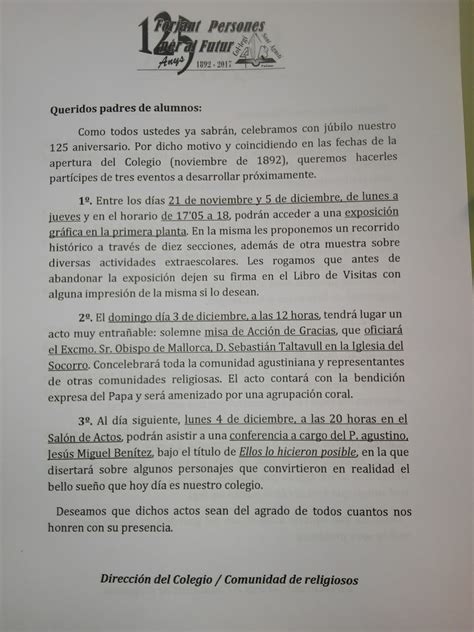 X 2º PRIMARIA SAN AGUSTÍN PALMA 17 18 Circular 125 aniversario