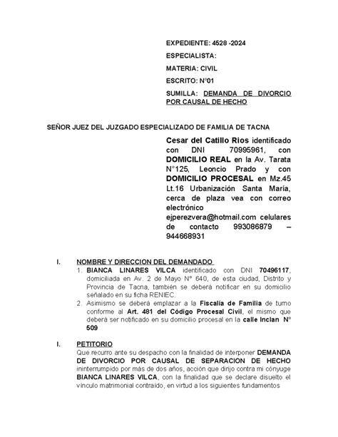 Demanda De Divorcio Por La Causal De Hecho Expediente 4528