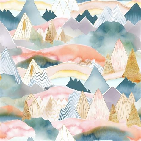 Premium Photo | A watercolor illustration of mountains and trees with a ...