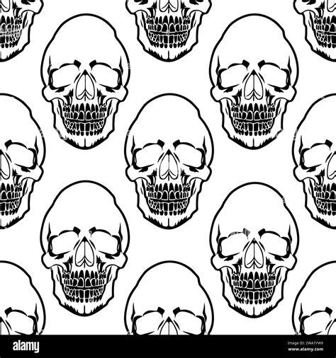 Seamless Symmetrical Pattern Of Black Human Skulls On A White