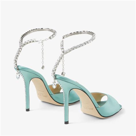 Saeda Sandal 100 Smoke Green Satin Sandals With Crystal Chain