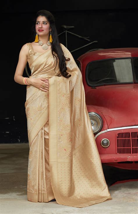 Cream Banarasi Silk Jacquard Woven Saree With Blouse Brithika Luxury