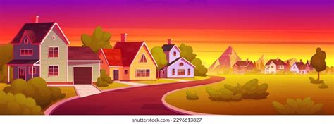 Cartoon Town Street Mountain Sunset On Stock Vector (Royalty Free) 2296613827 | Shutterstock