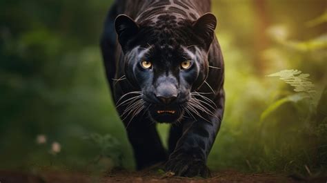 Premium Photo A Black Leopard With Yellow Eyes Walks In The Forest