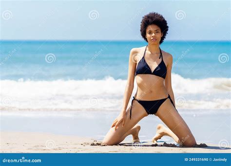 Slim Black Woman In Bikini On Seashore Stock Photo Image Of Coast