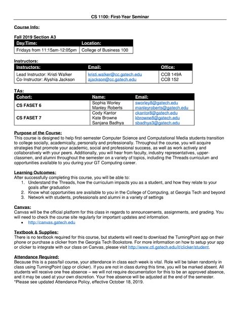 CS1100A3 Syllabus Fall 19 CS 1100 First Year Seminar Course Info