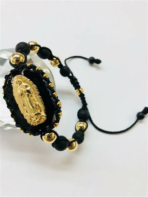 Matte Crystal And Plated Gold Virgin Of Guadalupe Bracelet Pulsera De