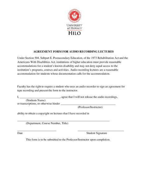 Fillable Online Hilo Hawaii Agreement Form For Recording Lectures UNT