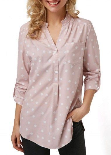 Polka Dot Print Split Neck Dusty Pink Blouse Rosewe Usd