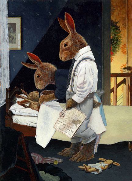 A Painting Of Two Rabbits Sitting On Top Of A Bed Next To An Open Book