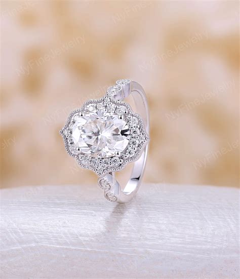 Vintage Oval Moissanite Engagement Ring Classic White Gold Art - Etsy