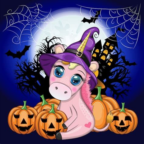 Premium Vector Cute Cartoon Unicorn In Purple Witch Hat With Pumpkins