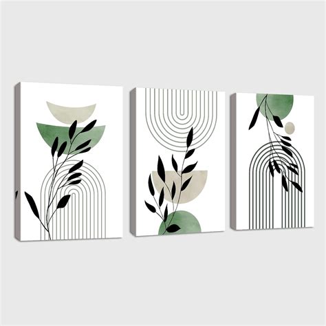 3 Pcs Framed Sage Green Lines Canvas Wall Art Boho Aesthetic Green Plant Leaves Wall Art Modern