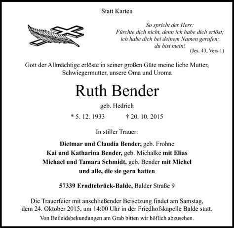 Traueranzeigen Von Ruth Bender Trauer In NRW De