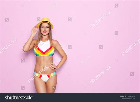 Стоковая фотография 1144410590 Sexy Young Woman Bikini On Color Shutterstock