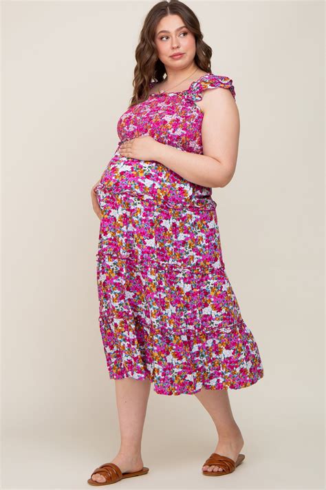 Magenta Floral Smocked Ruffle Tiered Maternity Midi Dress Pinkblush