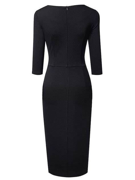 Womens Black Dress Party Dress Work Dress Cotton Ruched Crew Neck 34 Length Sleeve Midi Dress