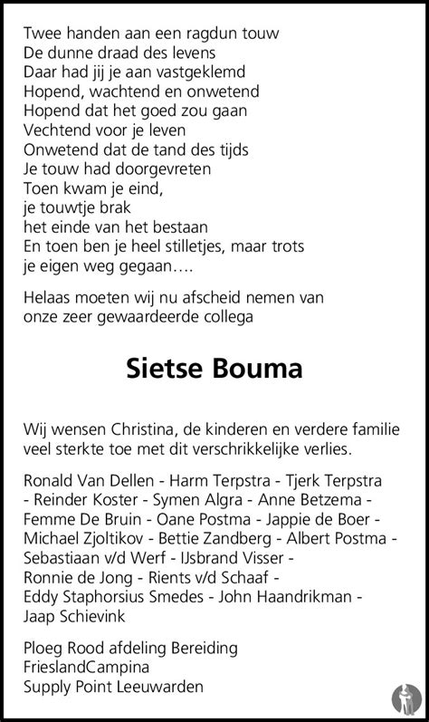 Sijtze Sjoerd Sietse Bouma Overlijdensbericht En