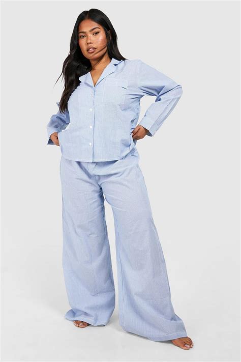 Plus Striped Button Through Pj Trouser Set Boohoo Uk