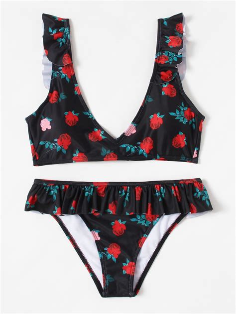 Shop Flower Print Ruffle Bikini Set Online Shein Offers Flower Print