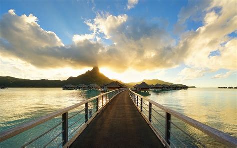 Bungalow Walkway Landscape Sea Beach Bora Bora Sunset Island