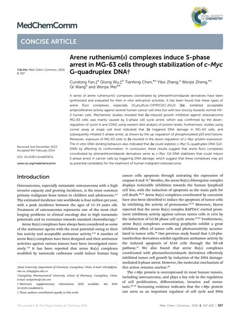 PDF Arene Ruthenium II Complexes Induce S Phase Arrest In MG 63