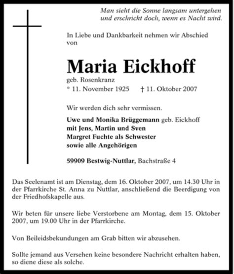 Traueranzeigen Von Maria Eickhoff Trauer In Nrw De