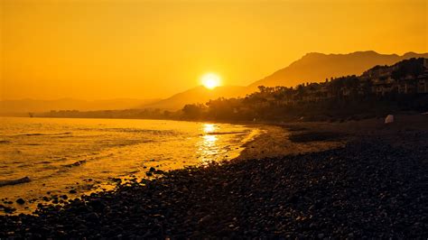 Papel de parede luz solar panorama montanhas Pôr do sol mar baía