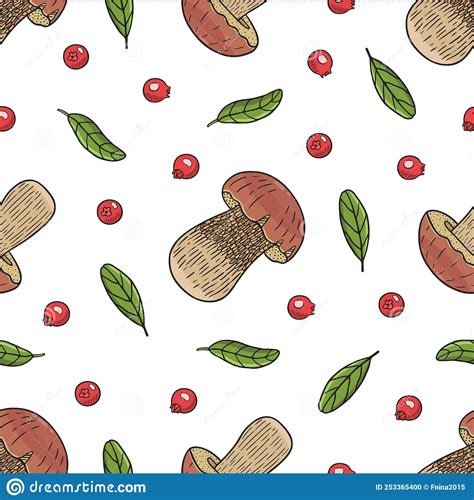 Vector Graphic Seamless Pattern With Mushrooms And Leaves 5 Stock