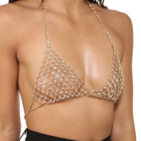 Golden Rhinestone Chain Bralette Diamond Chain Bra Crystal Etsy