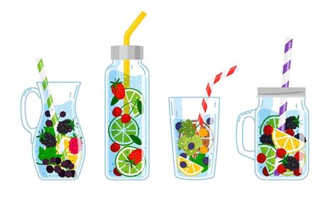 Bebidas refrescantes con frutas vasos de dibujos animados con cócteles