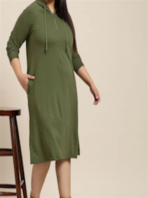 Buy Sztori Women Plus Size Olive Green Solid Midi Hooded Jumper Dress