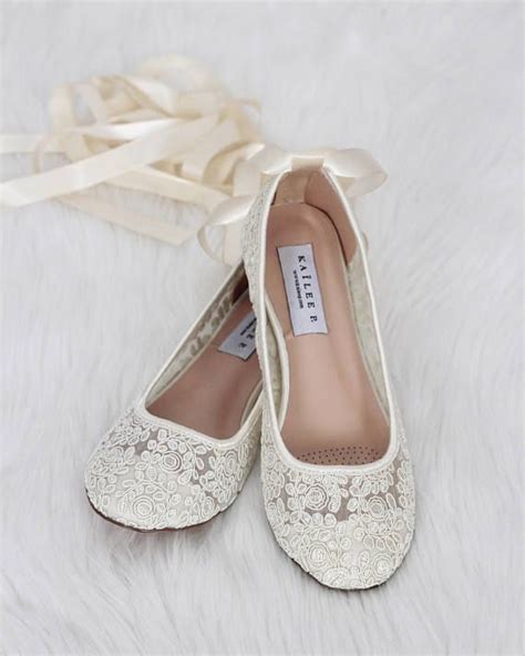 Ivory Lace Round Toe Flats With Ballerina Lace Up Women Wedding Shoes