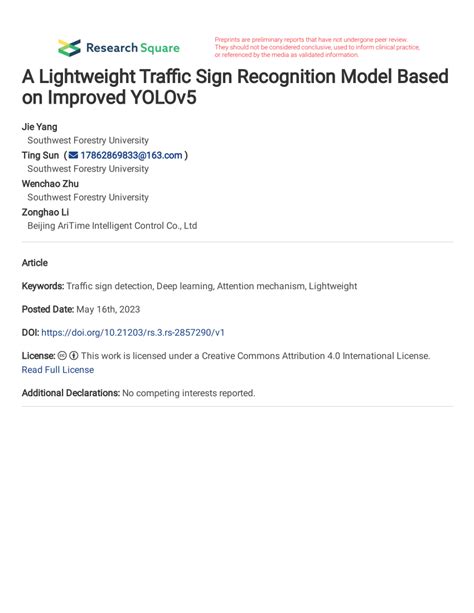 PDF A Lightweight Traffic Sign Recognition Model Based On Improved YOLOv5