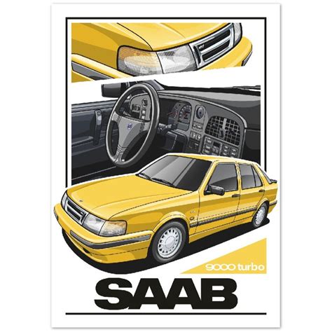 Saab 9000 Turbo Poster Saab Car Wall Poster Yellow Classic Car Poster