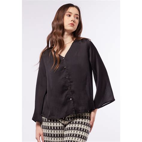 Jual Et Cetera V Neck Long Sleeve Blouse Black Shopee Indonesia