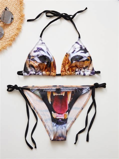 Emmiol Free Shipping Roar Beast Graphic Bikini Set Black L In