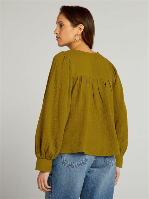 Blouse En Gaze De Coton Avec Broderie Vert Kiabi