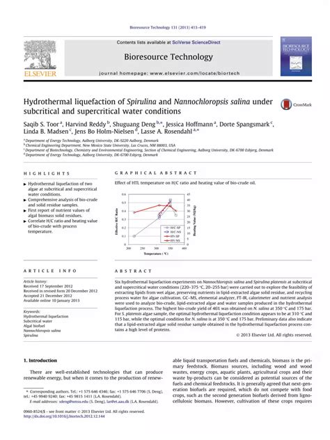 Pdf Hydrothermal Liquefaction Of Spirulina And Nannochloropsis Salina