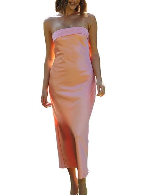 Satin Silk Slip Maxi Dress For Wedding Guest Women Bodycon Strapless Off Shoulder Midi Club